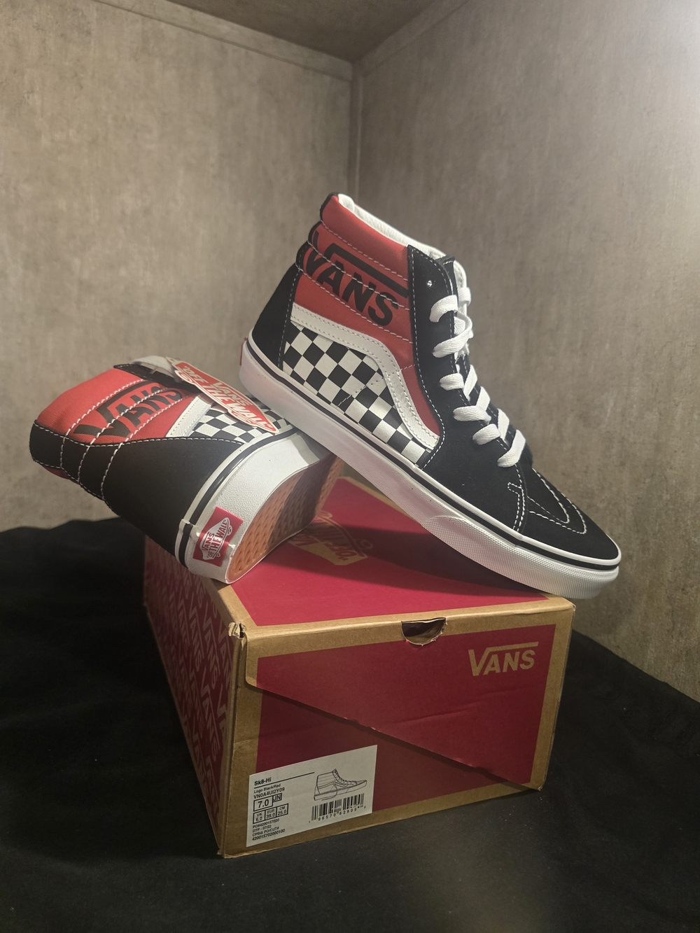 Vans Checkerboard High-Top Sneakers in Black, White & Red